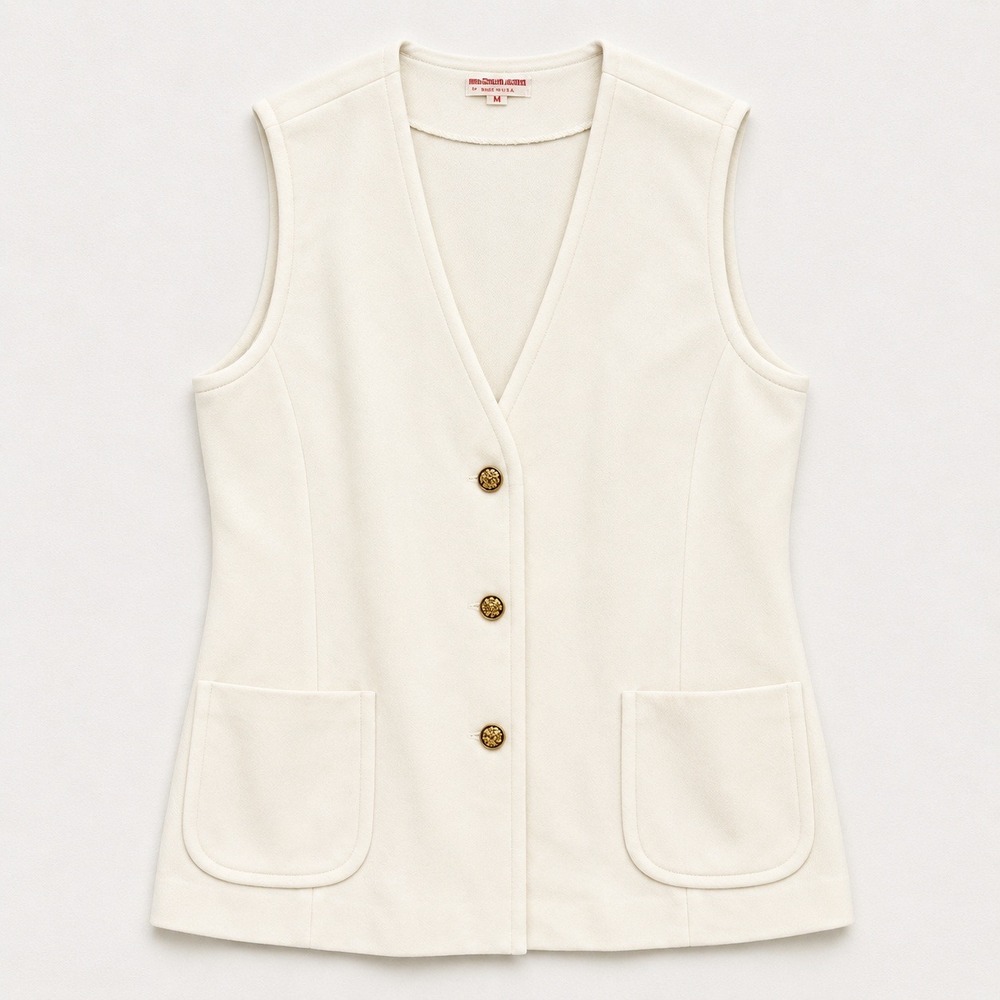 Vtg Bodin Knits White Vest Gold Crest Buttons M Minimalist Old Mony Quiet Luxury